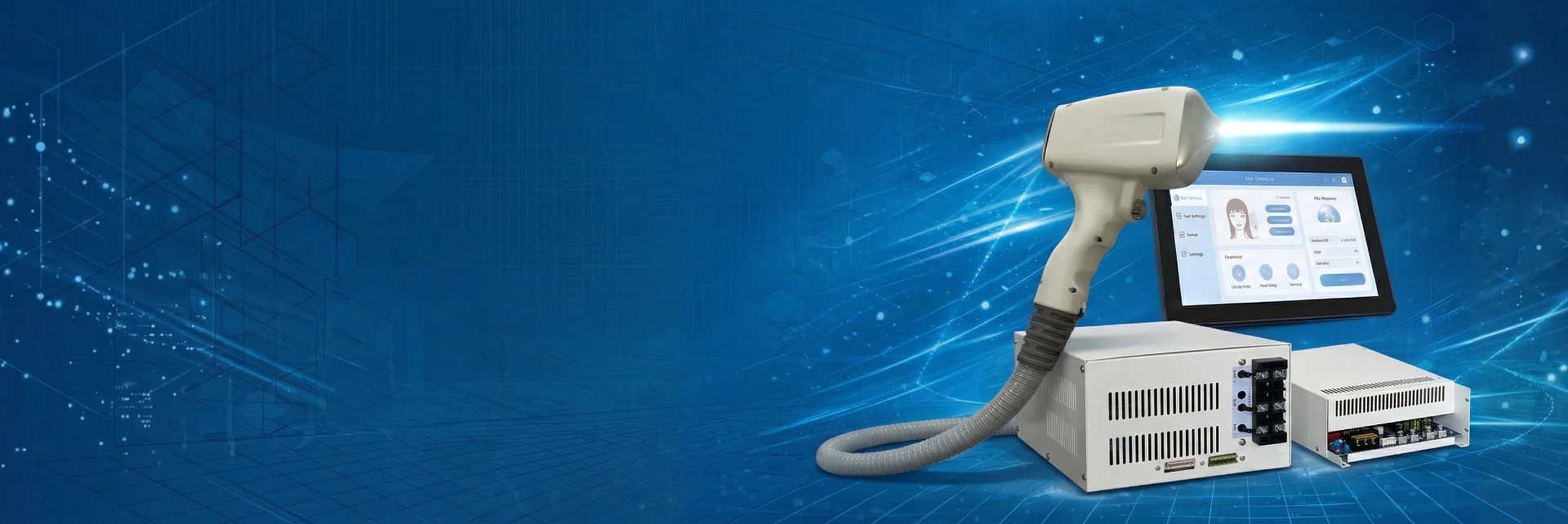 Premium spare parts for aesthetic devices, featuring IPL and 808nm diode laser handpieces, controllers, and power supplies.